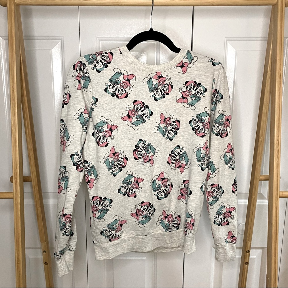 Holiday Mickey and Minnie Mouse Print on Beige Sweatshirt, Lightweight, S